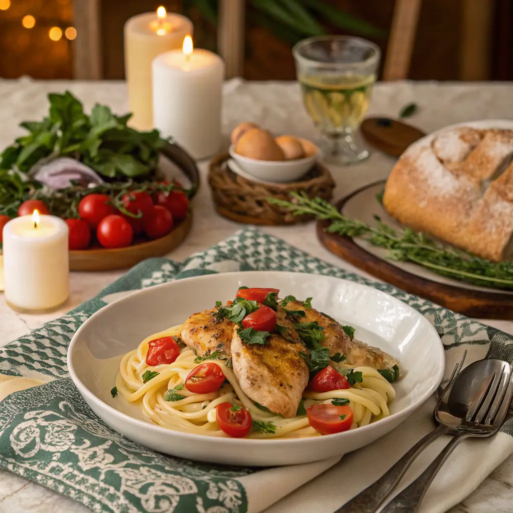 A beautifully served chicken and pasta dish with garnishes and side options.