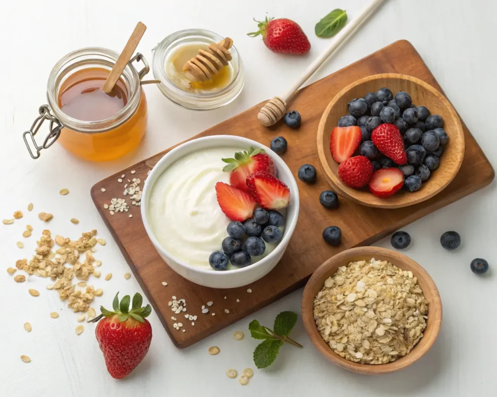 An array of ingredients for Greek yogurt recipes, including Greek yogurt, honey, fresh fruits, oats, and spices.
