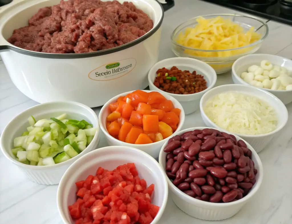 Ingredients for crock pot recipe with ground beef displayed on a kitchen counter.
