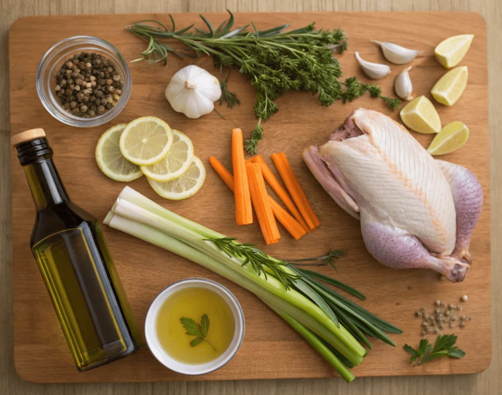 Ingredients for pheasant recipes including pheasant, vegetables, and seasonings.