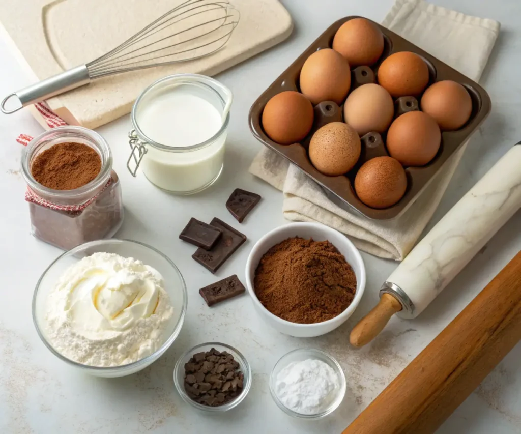 Ingredients for choco swiss roll delight recipe displayed on a kitchen counter.