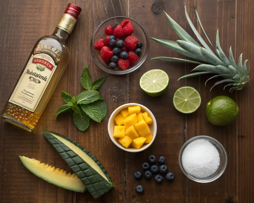 Ingredients for a tequila cocktail including non-alcoholic tequila, lime juice, agave syrup, club soda, fresh fruits, mint leaves, and salt.