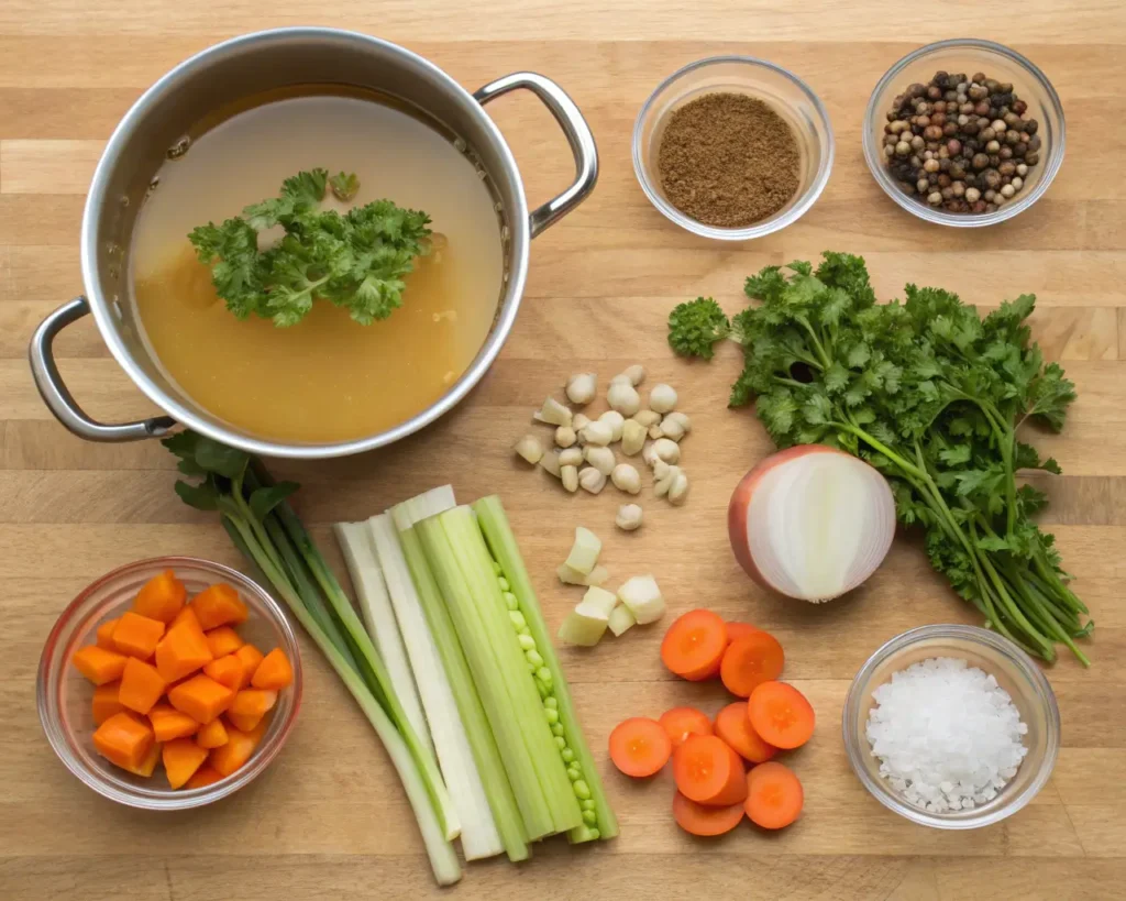 Ingredients for a bone broth recipe including vegetables, herbs, and spices.