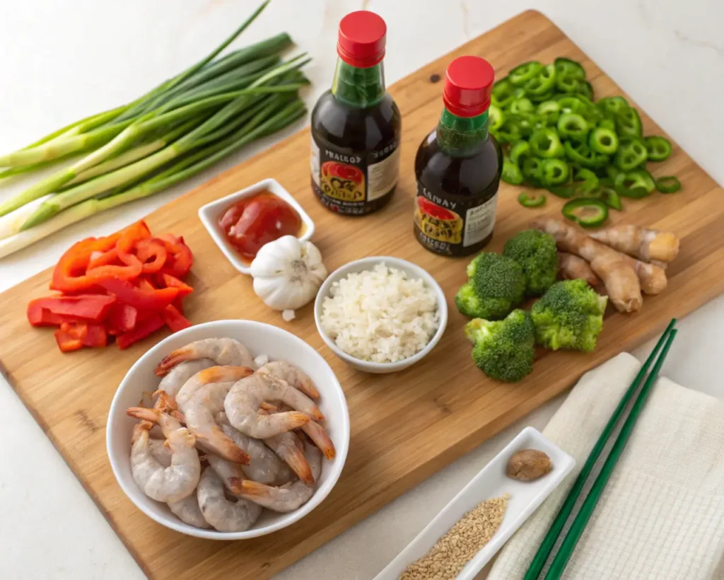 Ingredients for Asian shrimp recipes including shrimp, garlic, ginger, and vegetables arranged on a cutting board.