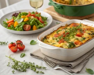 A beautifully baked vegan casserole served with fresh herbs and a side salad.