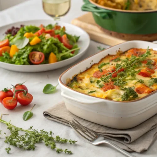 A beautifully baked vegan casserole served with fresh herbs and a side salad.