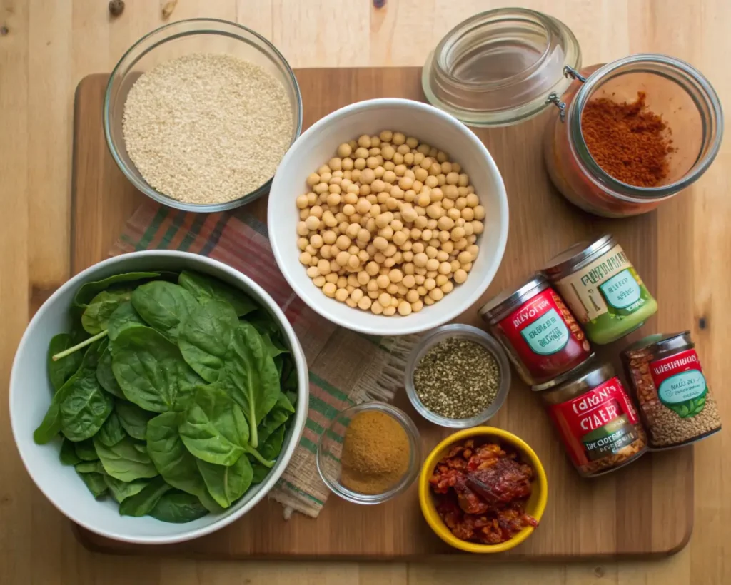 Ingredients for vegan casserole including quinoa, chickpeas, and fresh vegetables on a wooden counter.