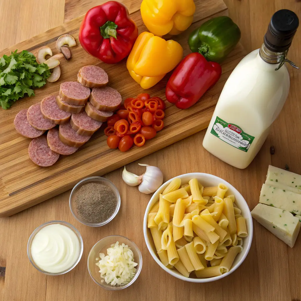 Ingredients for Cajun Sausage Pasta displayed on a wooden countertop.