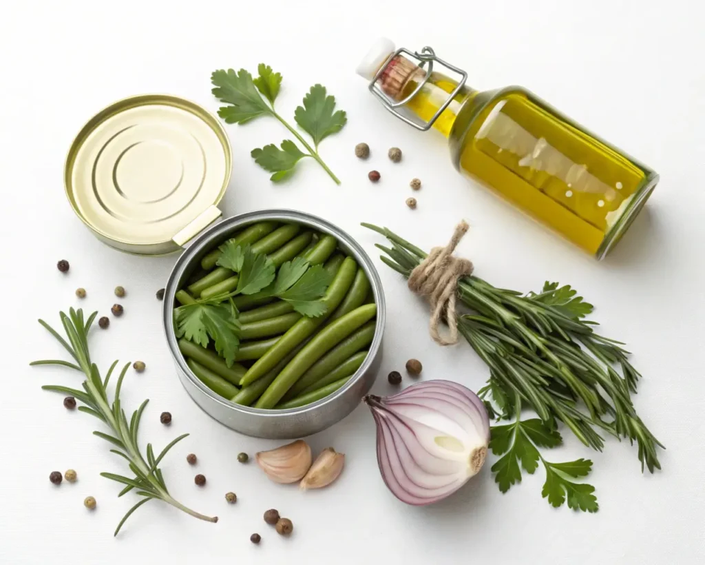 Ingredients for canned green bean recipes including canned green beans, olive oil, garlic, and herbs.