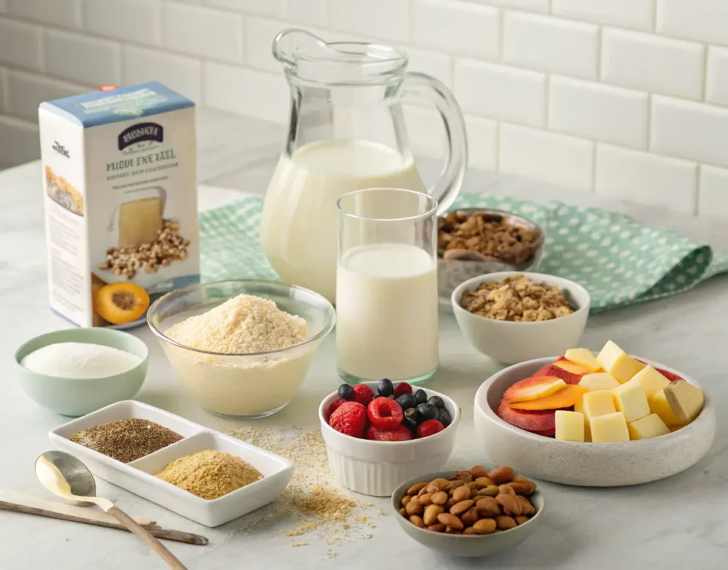 Ingredients for Cream of Wheat including Cream of Wheat, milk, water, salt, sweetener, butter, fruits, nuts, and spices.