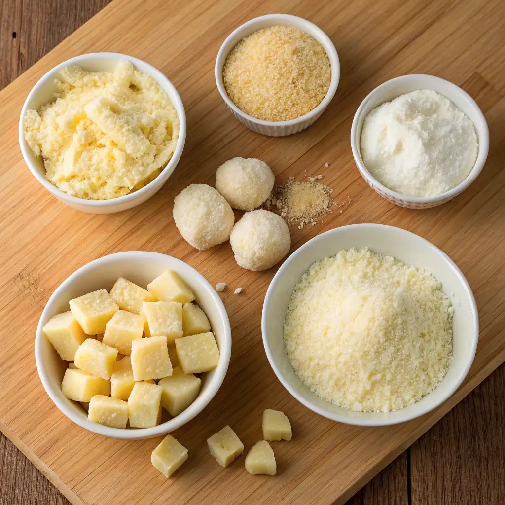 Ingredients for Cheesy Parmesan Mozzarella Bites displayed on a wooden countertop.