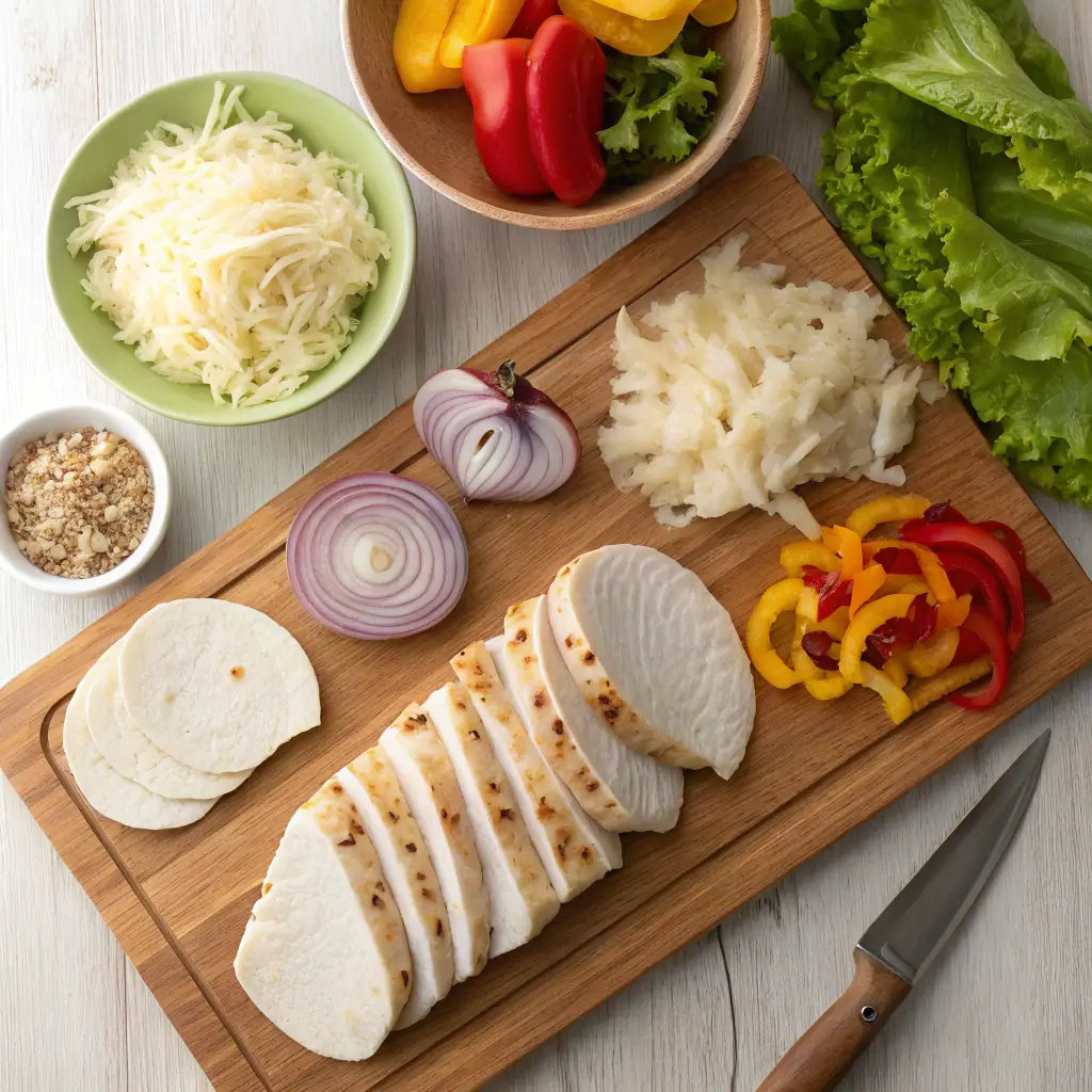 Ingredients for Cheesy Garlic Chicken Wraps displayed on a cutting board.