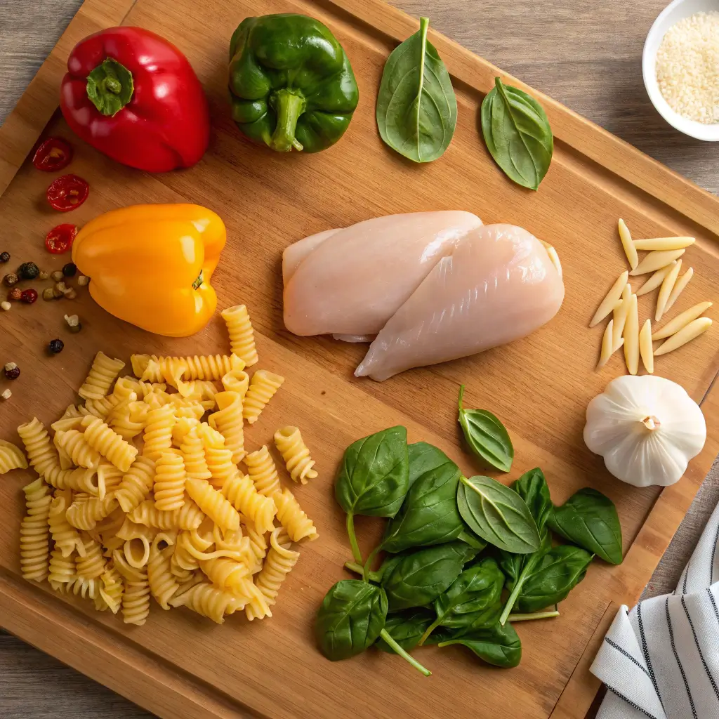 Ingredients for chicken and pasta recipes displayed on a wooden countertop.
