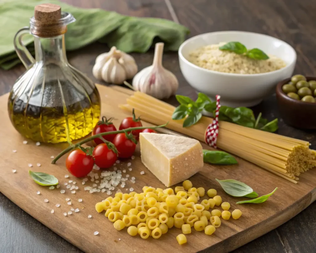 Ingredients for ditalini pasta including ditalini pasta, olive oil, garlic, and fresh vegetables.
