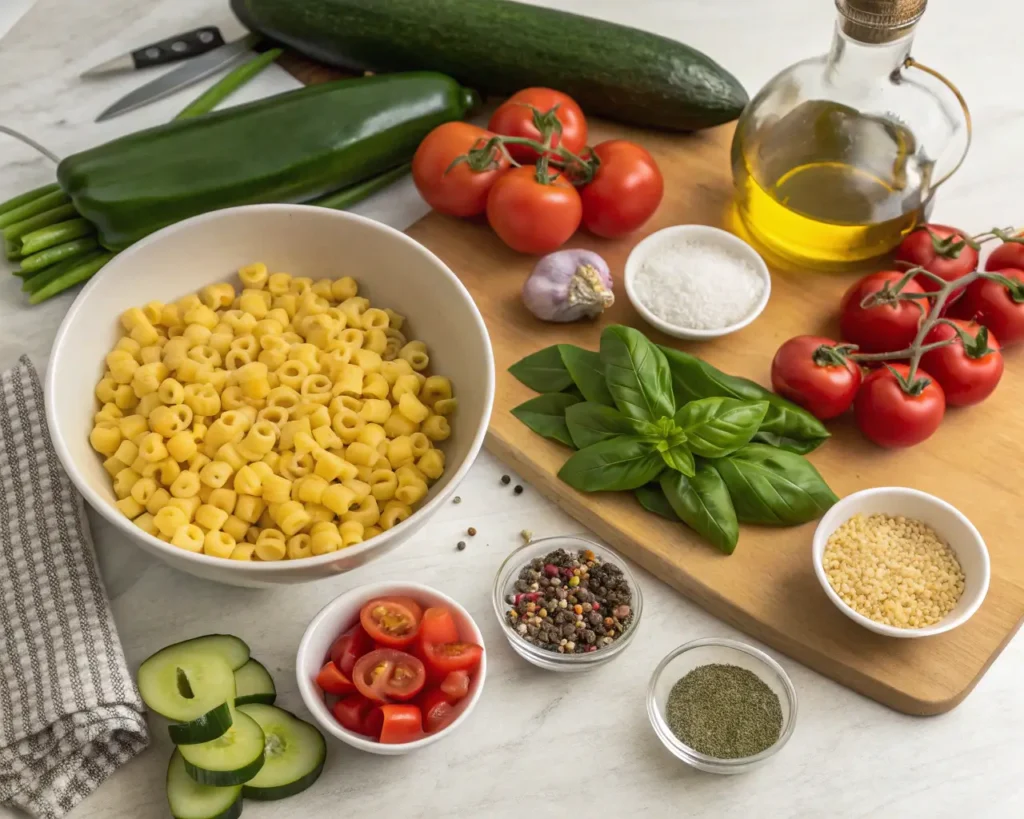 Ingredients for ditalini recipes displayed on a kitchen counter.