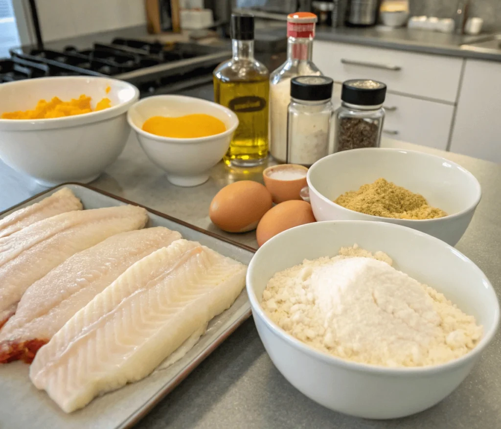 Ingredients for fried cod recipes including cod fillets, flour, cornstarch, and seasonings.