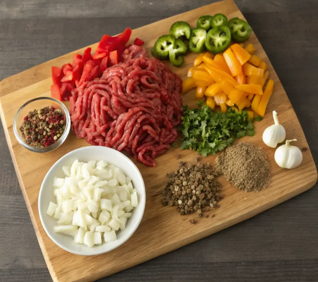 Ingredients for ground bison recipes including ground bison, chopped onions, garlic, and colorful bell peppers.