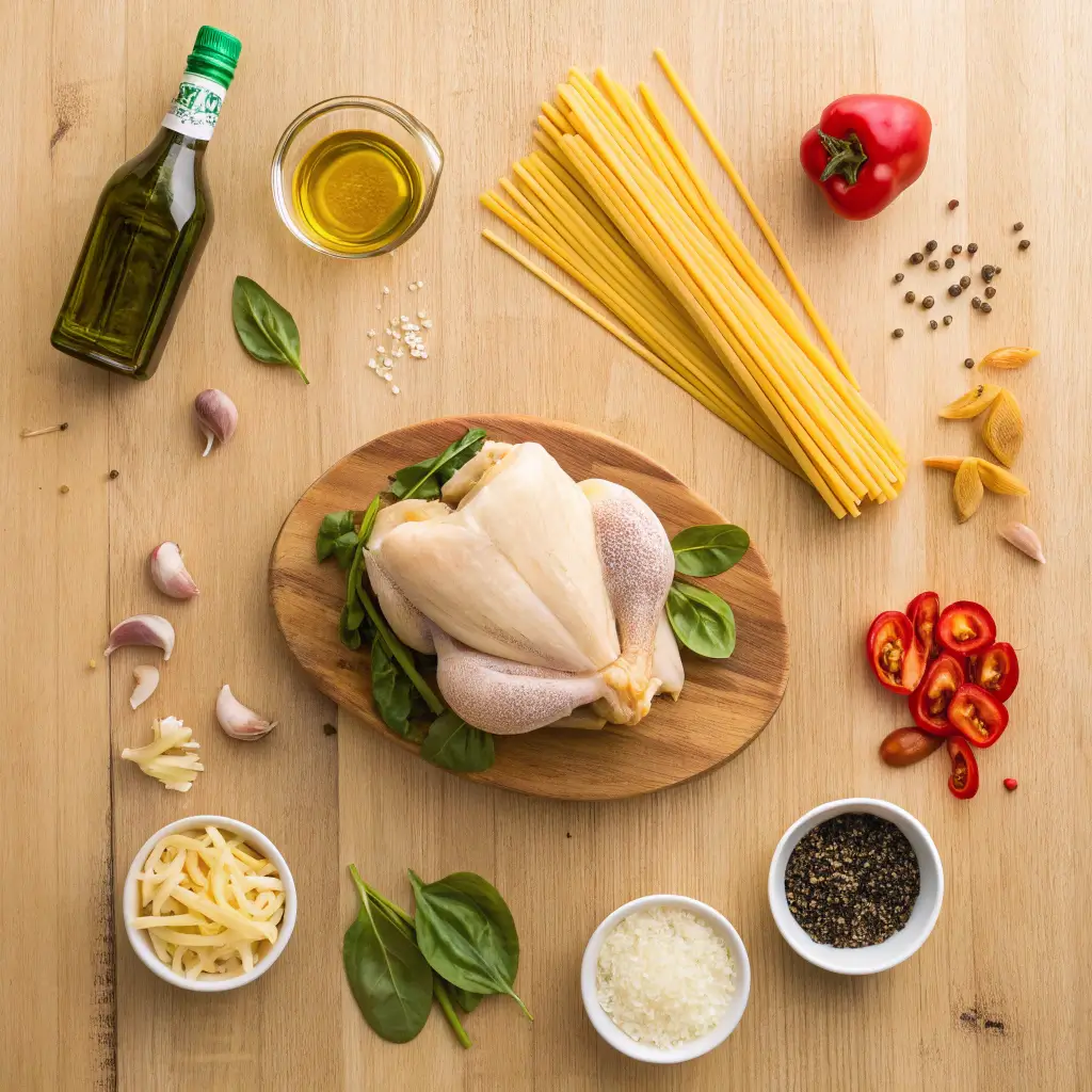 Ingredients for Rotisserie Chicken Pasta displayed on a wooden countertop.