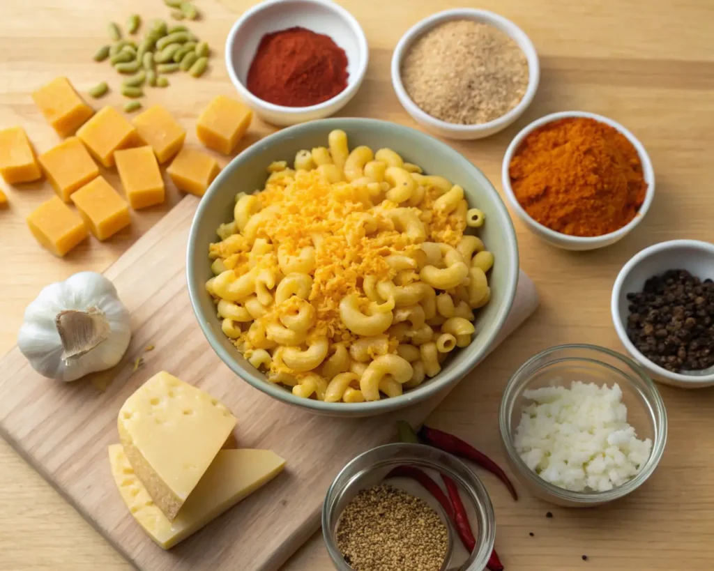 Ingredients for smoked mac and cheese including elbow macaroni, cheddar, mozzarella, and spices arranged on a wooden surface.