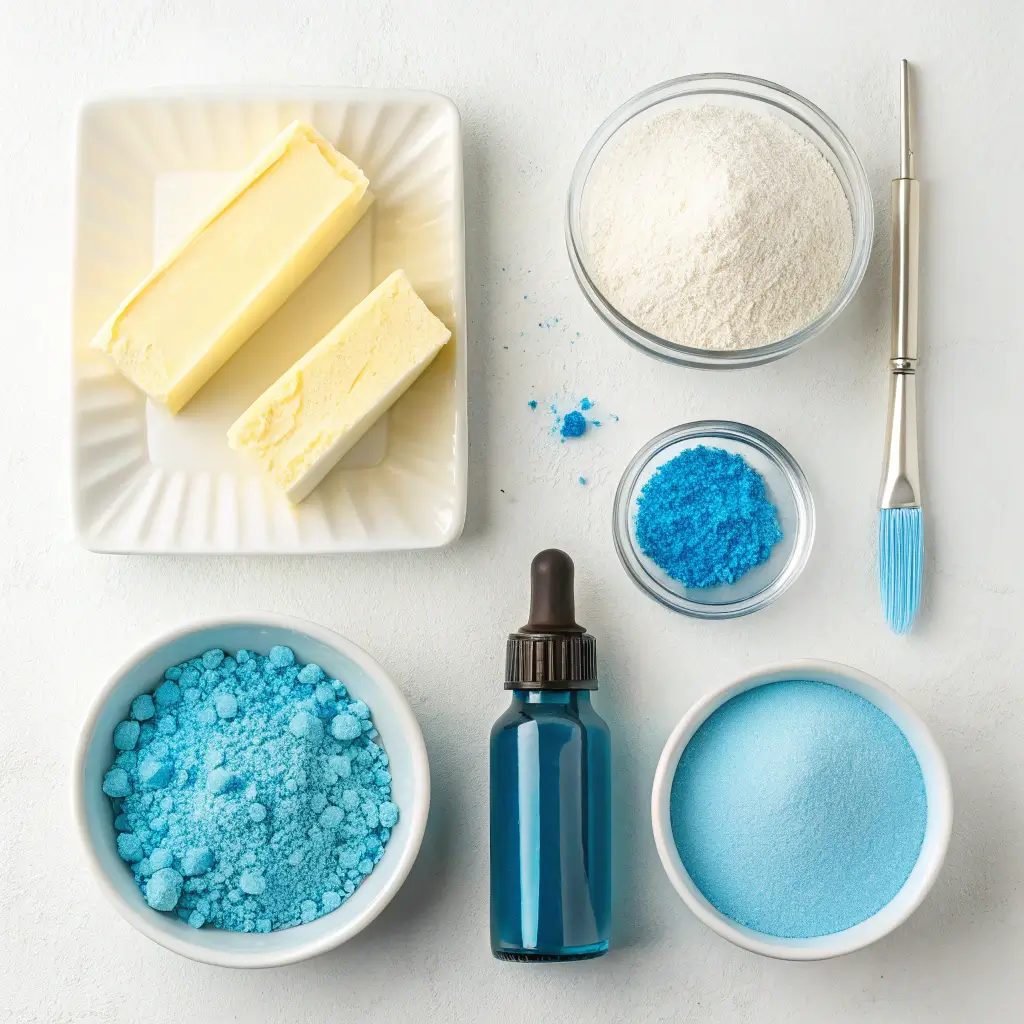 Ingredients for blue frosting including butter, powdered sugar, milk, and blue food coloring.