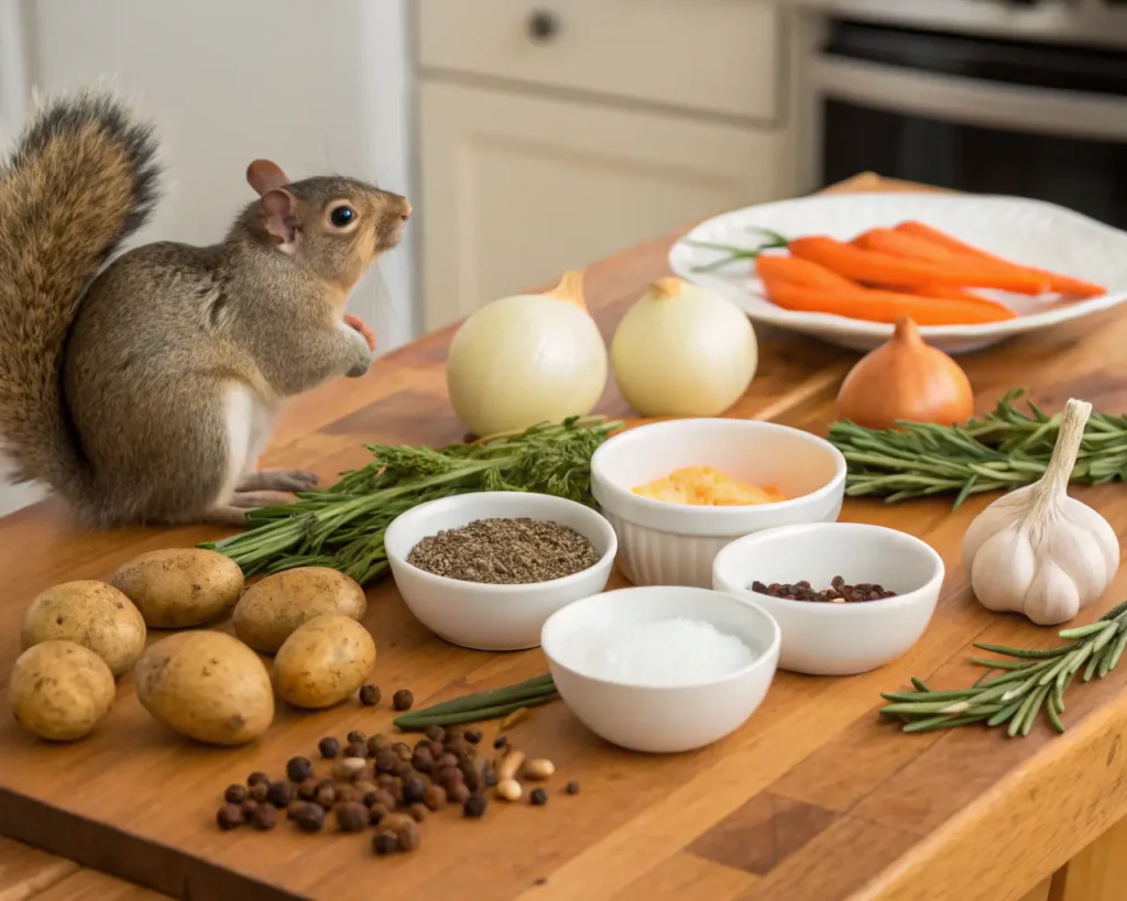 A beautifully arranged display of ingredients for squirrel recipes, including squirrel meat, vegetables, and spices.