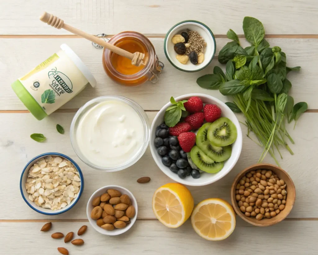 Ingredients for Greek yogurt recipes displayed on a wooden table, including Greek yogurt, honey, fresh fruits, oats, chickpeas, spinach, garlic, lemon juice, almonds, and herbs.