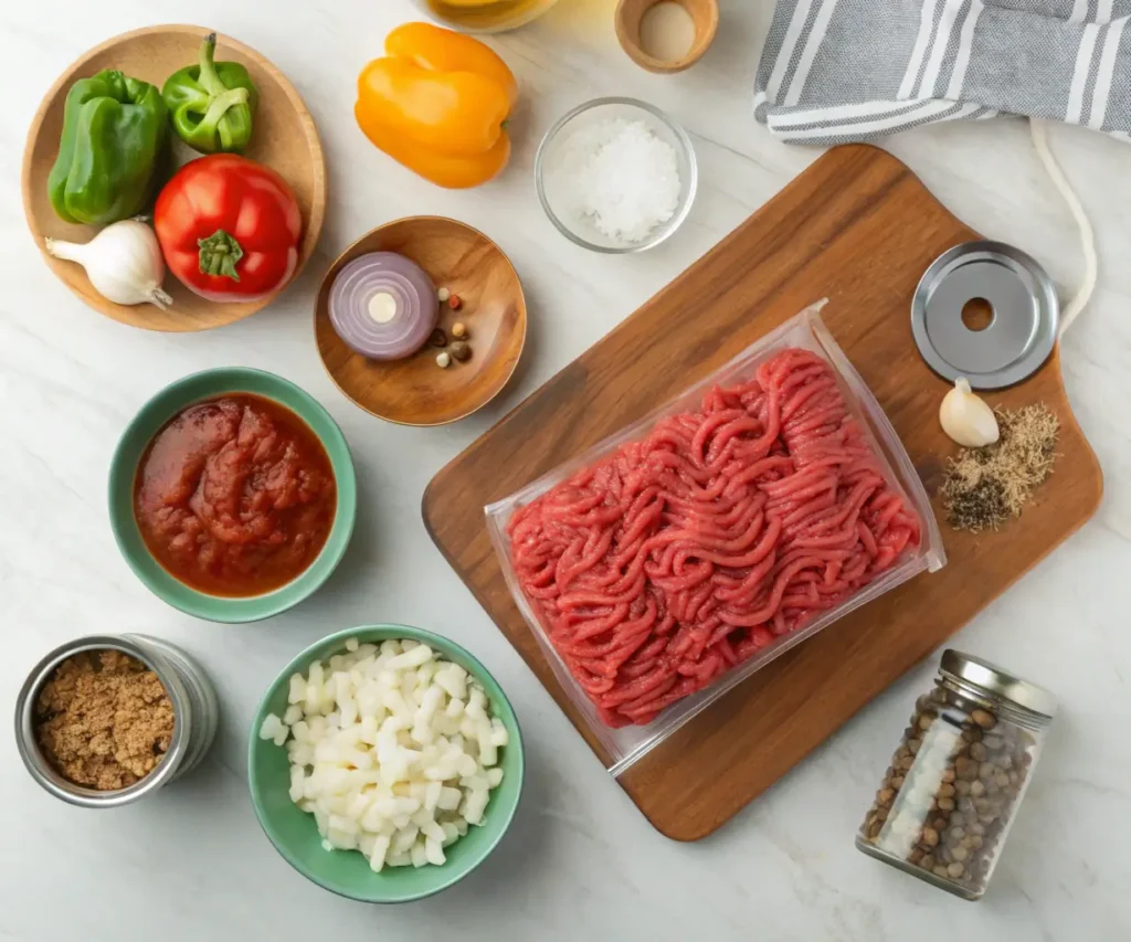 Ingredients for crock pot ground beef recipe displayed on a countertop.