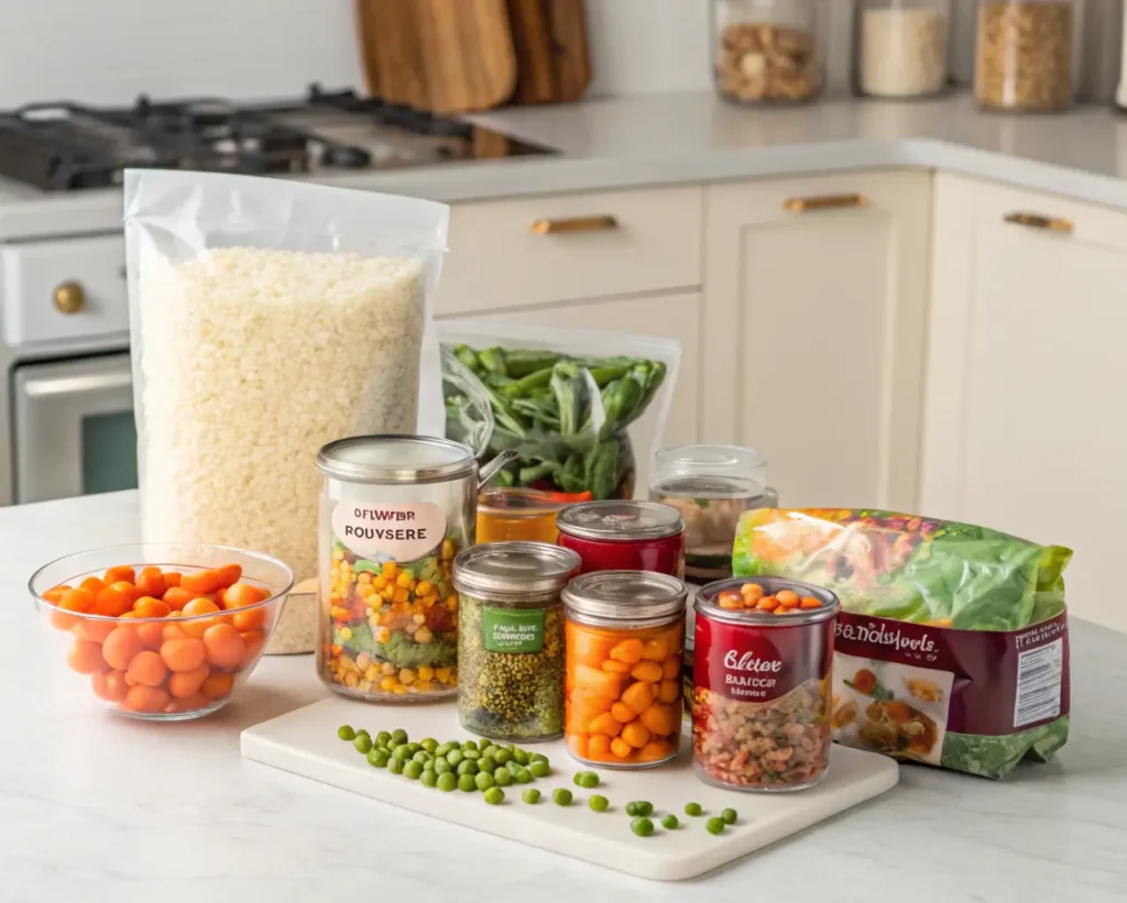 An assortment of ingredients for cheap and easy meals, including rice, canned beans, and frozen vegetables.