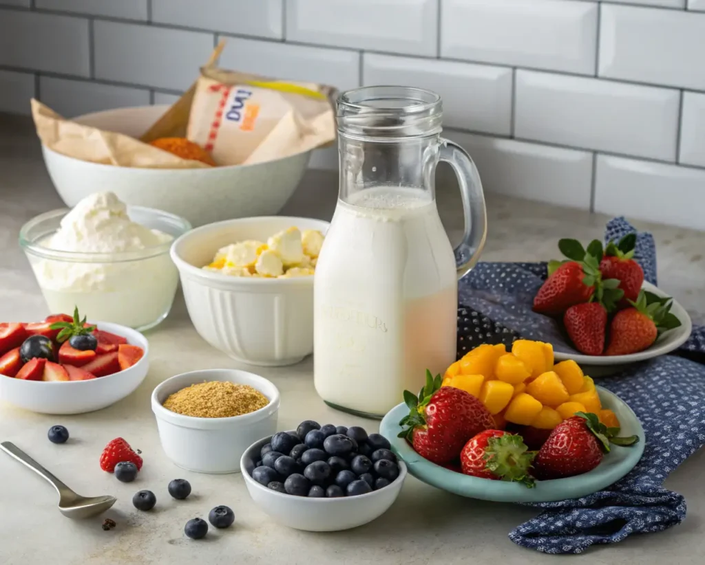 Ingredients for Ninja Creami ice cream including heavy cream, whole milk, and fruits.