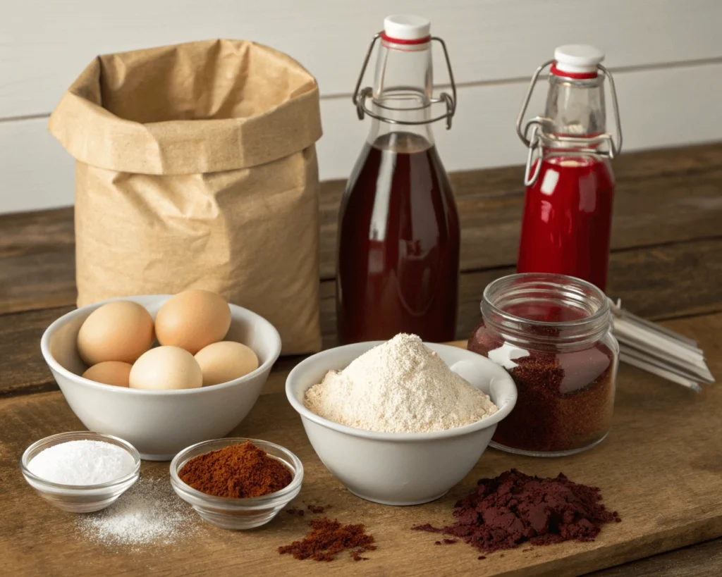 Ingredients for making red velvet cake displayed on a wooden countertop.