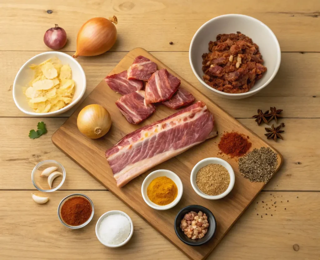 A collection of fresh ingredients for a Pit Boss recipe, including chicken thighs, spices, and sauces.