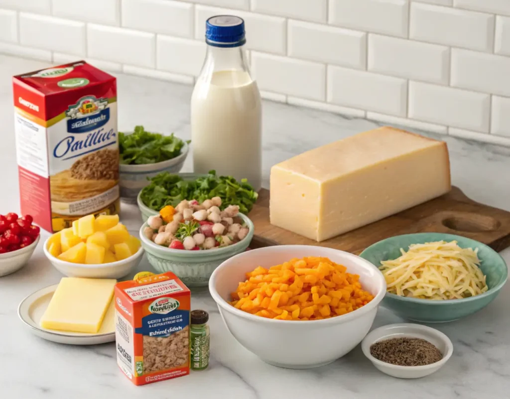 Ingredients for Velveeta recipes displayed on a kitchen counter.
