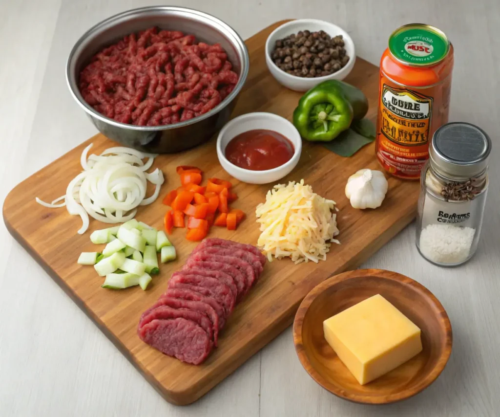 Ingredients for crock pot recipes with ground beef displayed on a wooden surface.