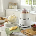 A Cuisinart ice cream maker in action, with a creamy mixture being churned inside.
