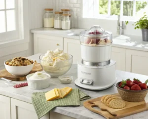 A Cuisinart ice cream maker in action, with a creamy mixture being churned inside.