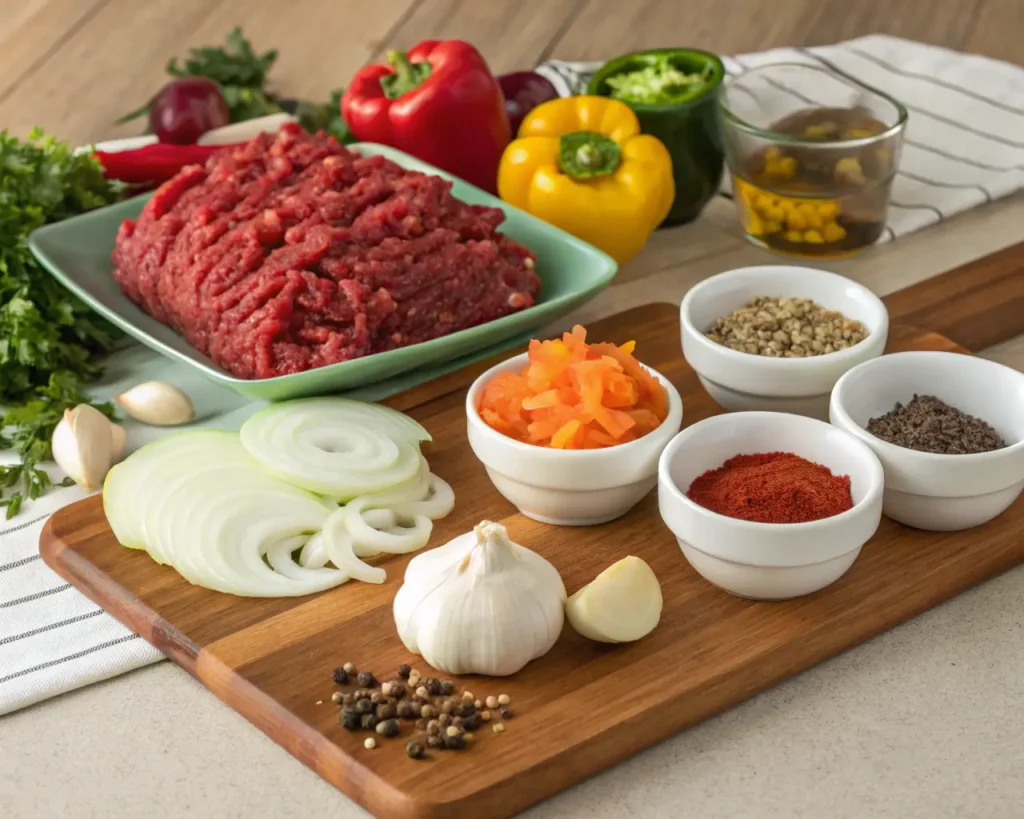 An array of fresh ingredients for ground deer meat recipes, including vegetables and spices.