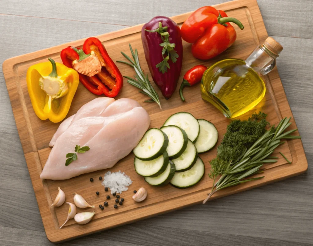 Fresh ingredients for Blackstone grill recipes including chicken, vegetables, and herbs.