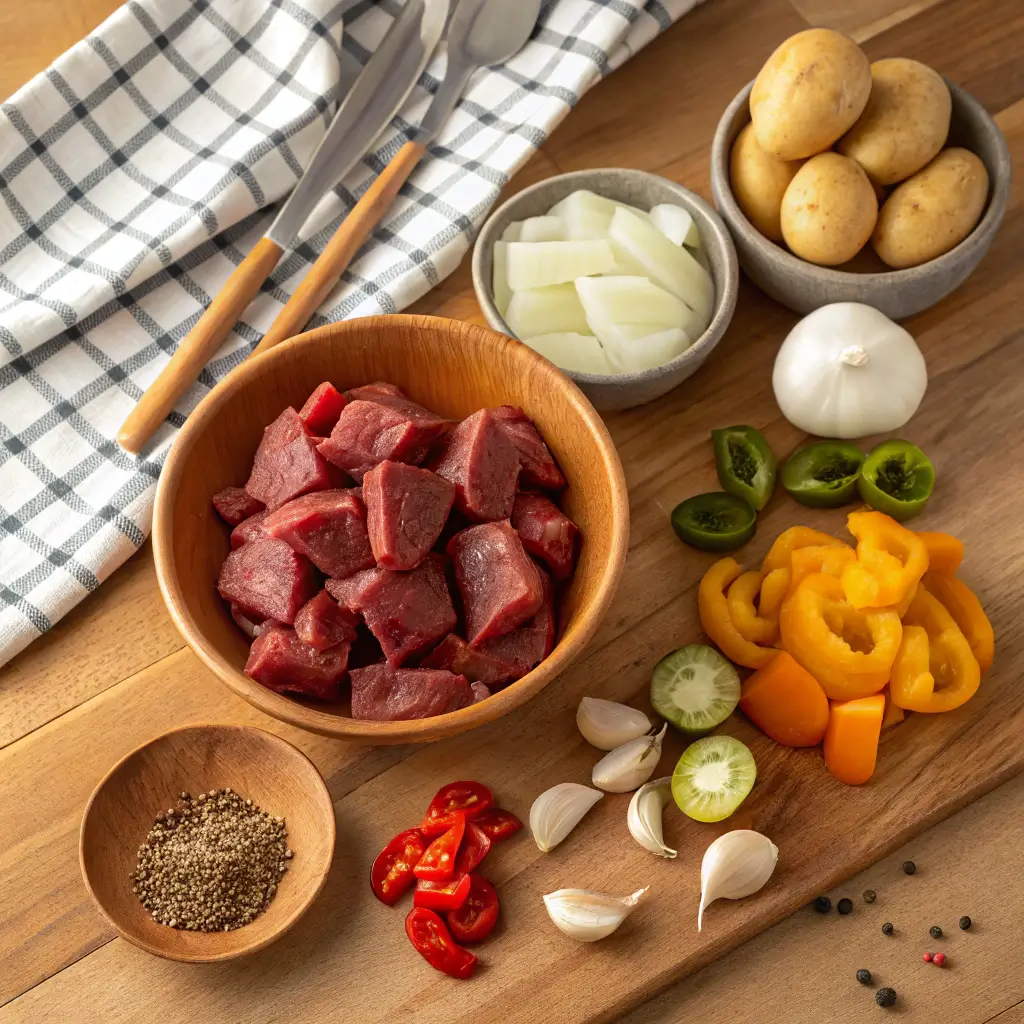 Ingredients for Carne Guisada including beef, vegetables, and spices.