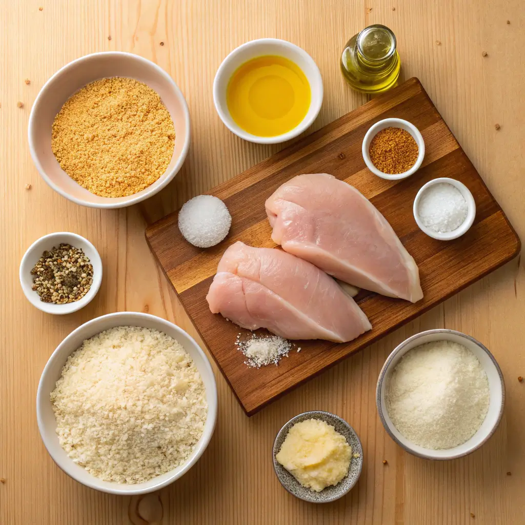 Ingredients for Longhorn Steakhouse Parmesan Chicken displayed on a wooden kitchen counter.