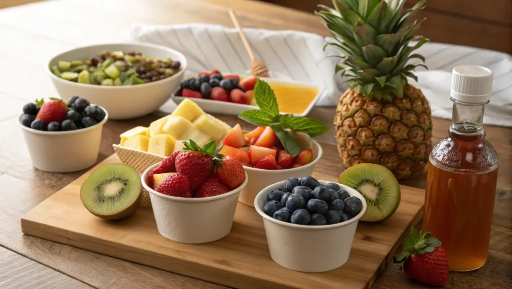 A colorful array of fresh fruits including strawberries, blueberries, kiwi, grapes, and pineapple, ready for making party fruit cups.