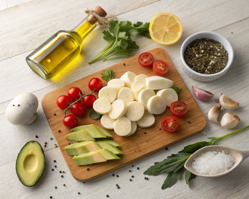 Ingredients for hearts of palm recipes displayed on a wooden cutting board.
