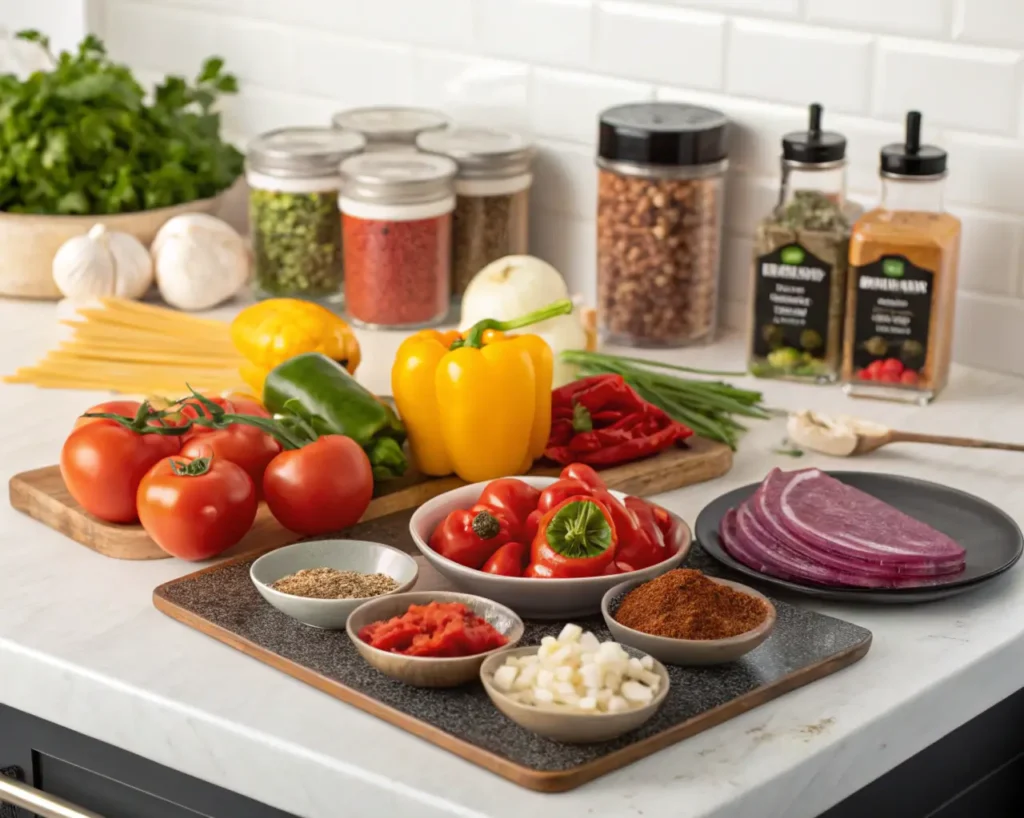 A variety of fresh ingredients including chicken breast, bell peppers, onions, and spices laid out on a kitchen counter.