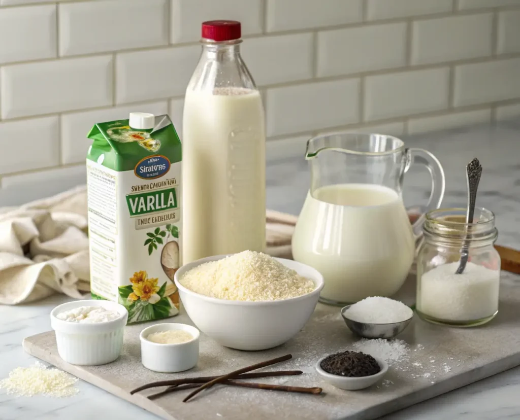 Ingredients for Ninja Creami vanilla ice cream including heavy cream, whole milk, sugar, vanilla extract, and salt.