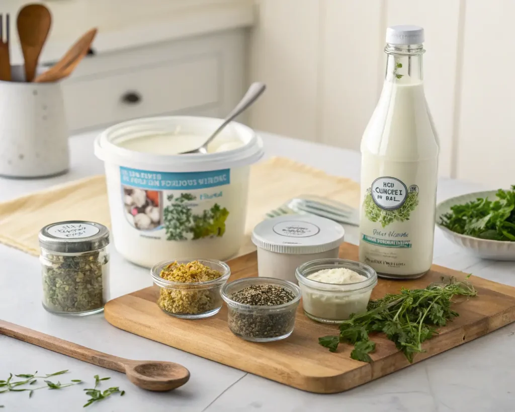 Ingredients for Greek yogurt ranch dressing including Greek yogurt, buttermilk, and spices.