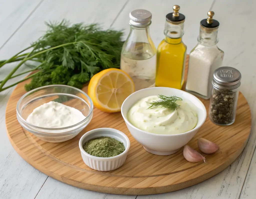 Ingredients for Greek yogurt ranch dip arranged on a wooden cutting board.