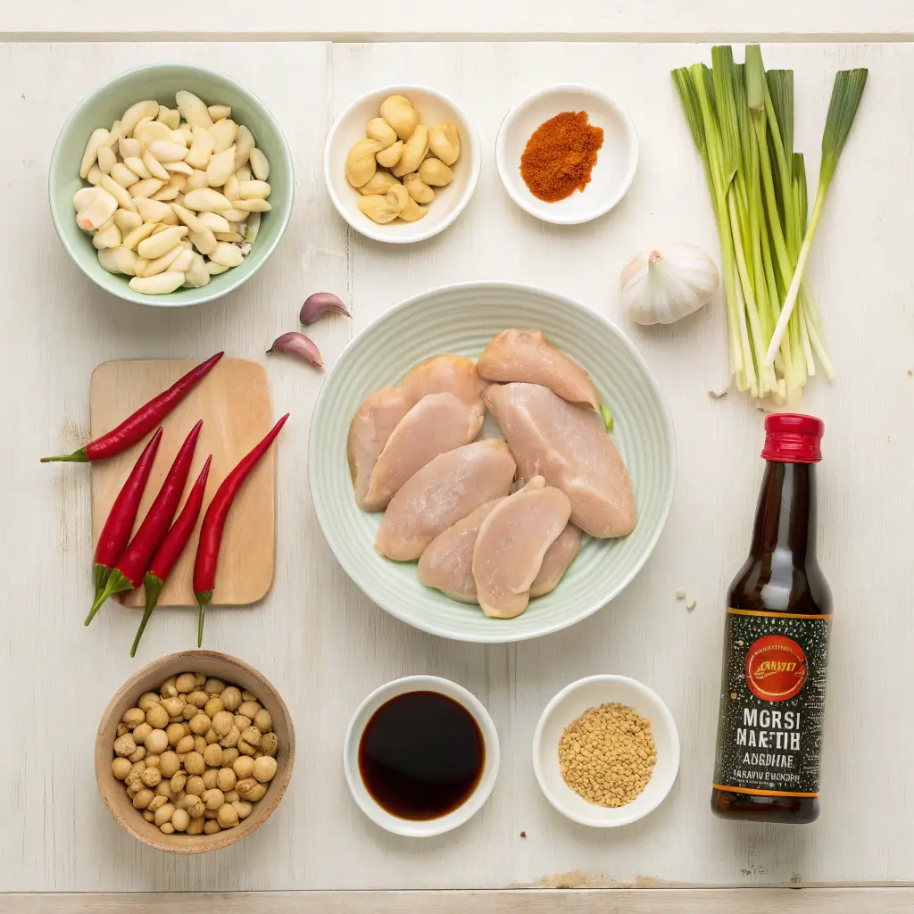 Ingredients for Bang Bang Chicken including chicken breast, cornstarch, and spices.