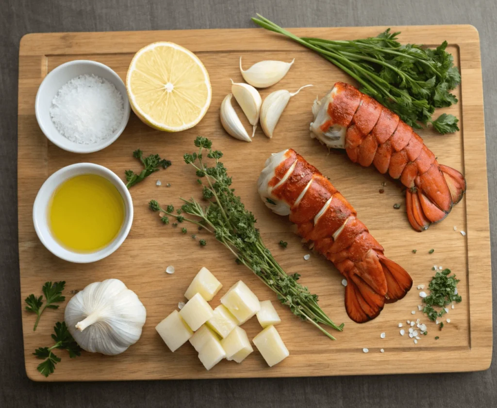 Ingredients for garlic herb lobster tails including lobster tails, garlic, butter, and fresh herbs.