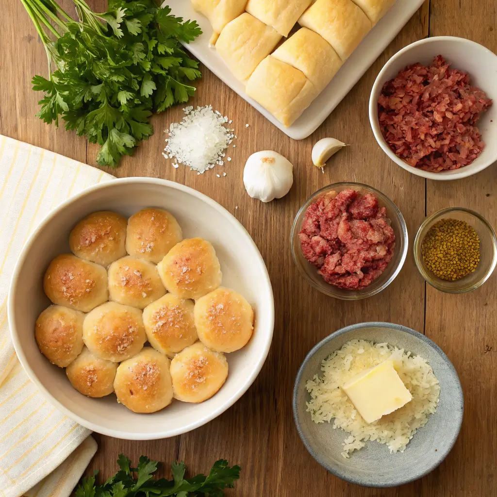 Ingredients for Garlic Parmesan Cheeseburger Bombs displayed on a wooden table.