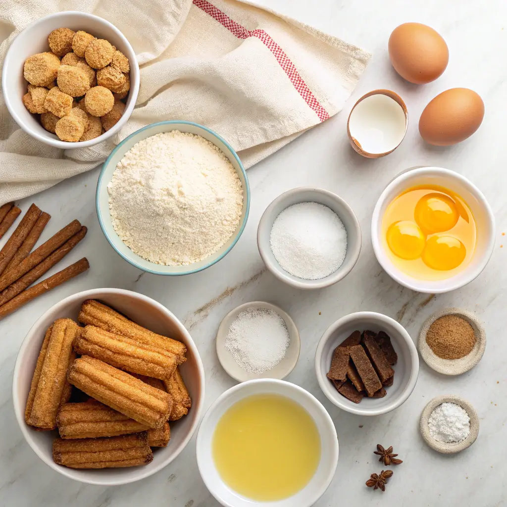 Ingredients for Sweet Air Fryer Churro Bites including flour, sugar, and cinnamon.