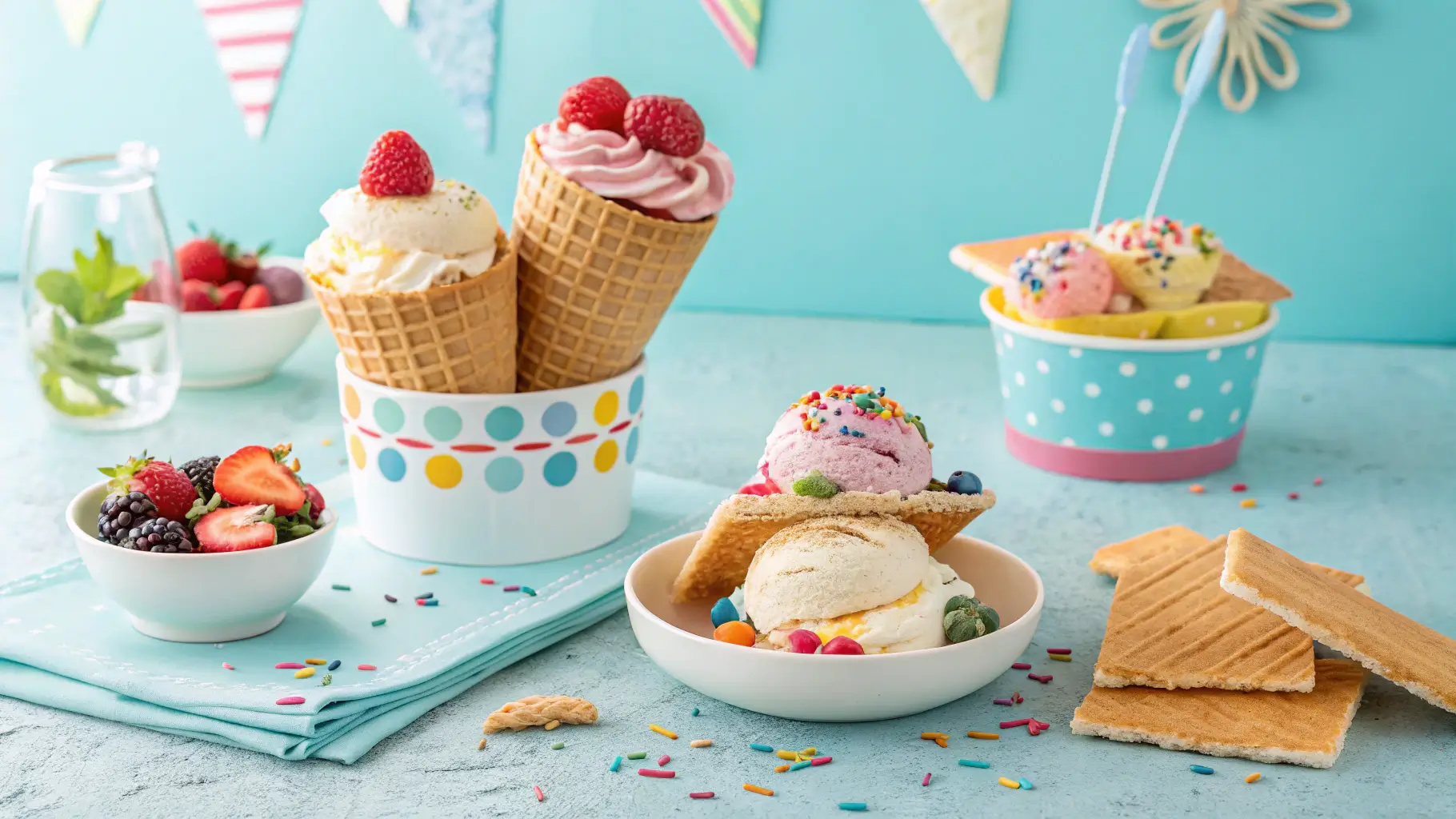 Different ways to serve homemade ice cream including cones and toppings.